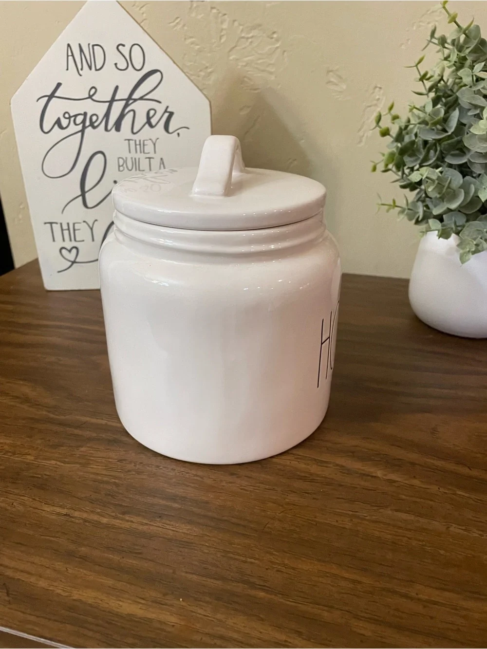 Rae Dunn White Ceramic Canister with Black 'HOLD' Lettering